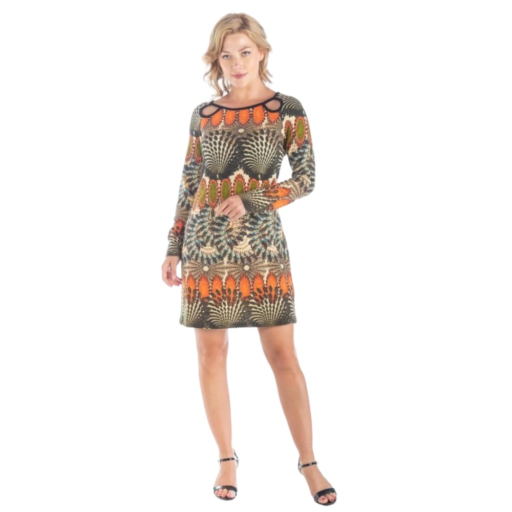 24seven Comfort Apparel Fall Print Long Sleeve Keyhole Fall Dress Size XL